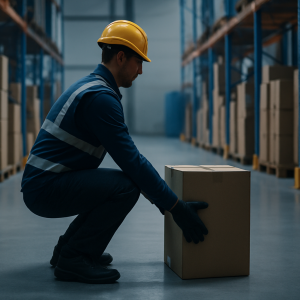 Warehouse worker squatting with bent knees and straight back lifting a box held close to the body