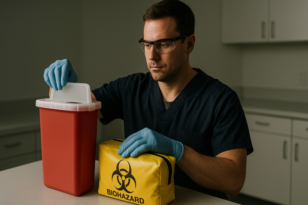 A worker safely using a sharps container and spill kit.