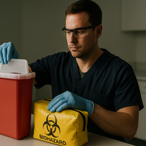 A worker safely using a sharps container and spill kit.