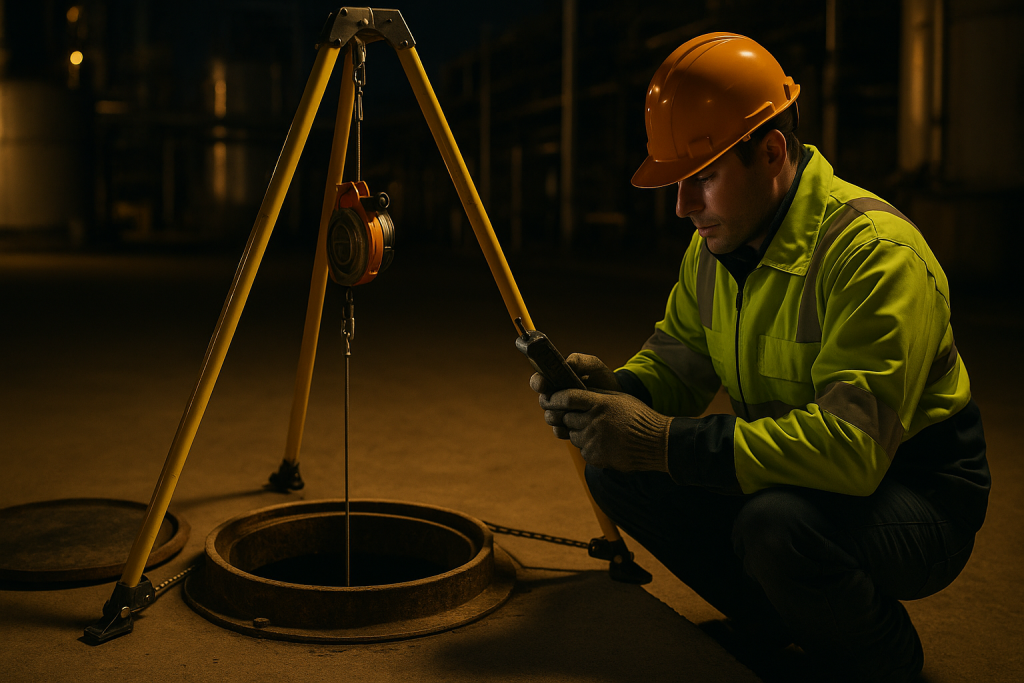 A confined-space entry with a rescue tripod and a worker tending a gas monitor.