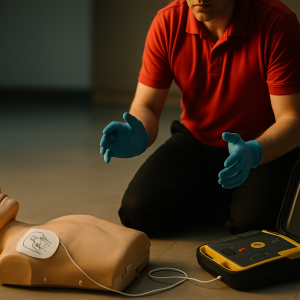 A first-aid responder with a CPR manikin and an AED.