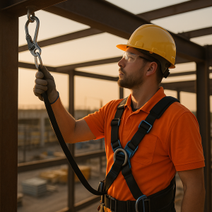 A worker connecting a self-retracting lifeline to an overhead anchor, harness visible.