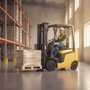 A warehouse forklift carrying a pallet load low, operator in PPE.