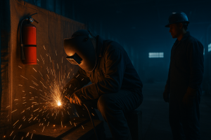 Welder in PPE performing hot work with a fire extinguisher and fire watch nearby