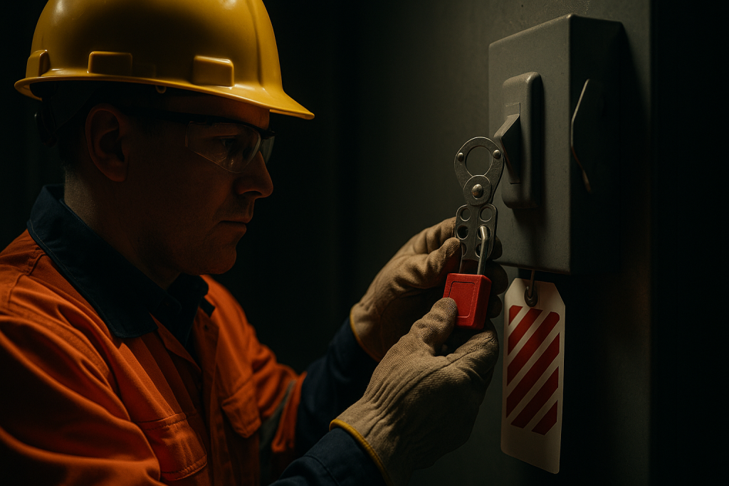 A worker applying a padlock and hasp to lock out an electrical disconnect.