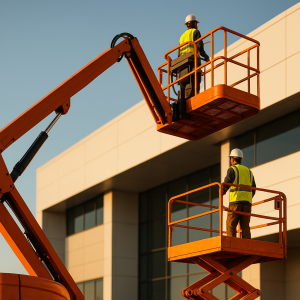 A boom lift and a scissor lift working together on a construction site.