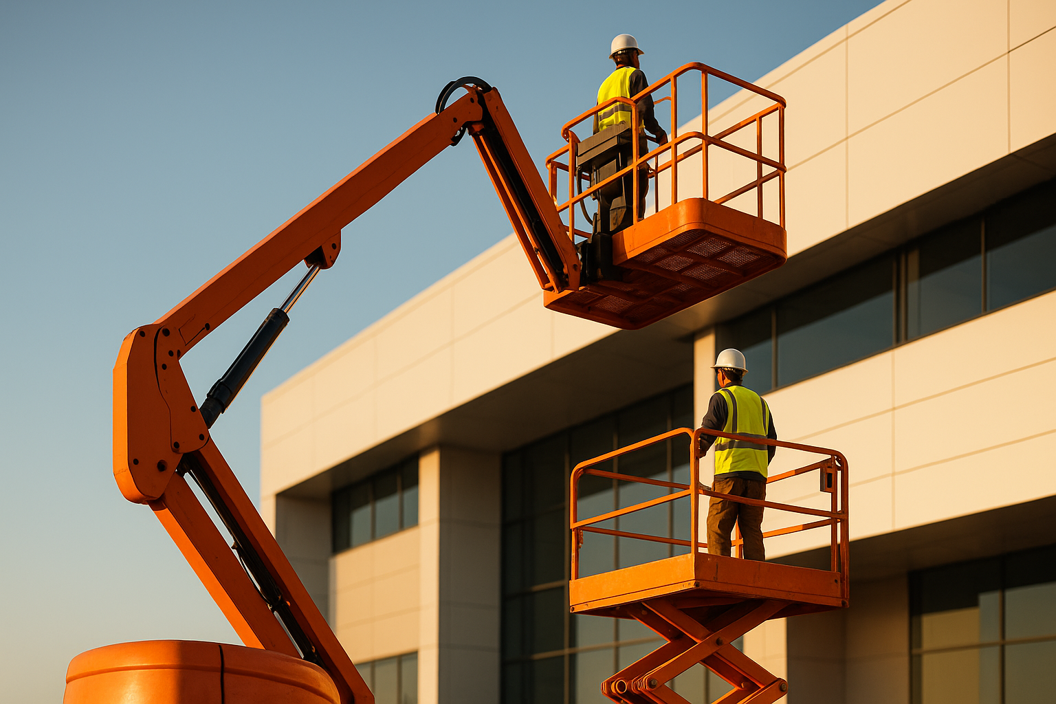 A boom lift and a scissor lift working together on a construction site.