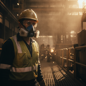 A worker wearing a properly fitted half-mask respirator in a hazardous-air area.
