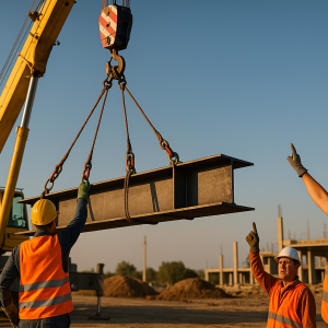 A crane lifting a load with a rigger and signal person on a construction site.