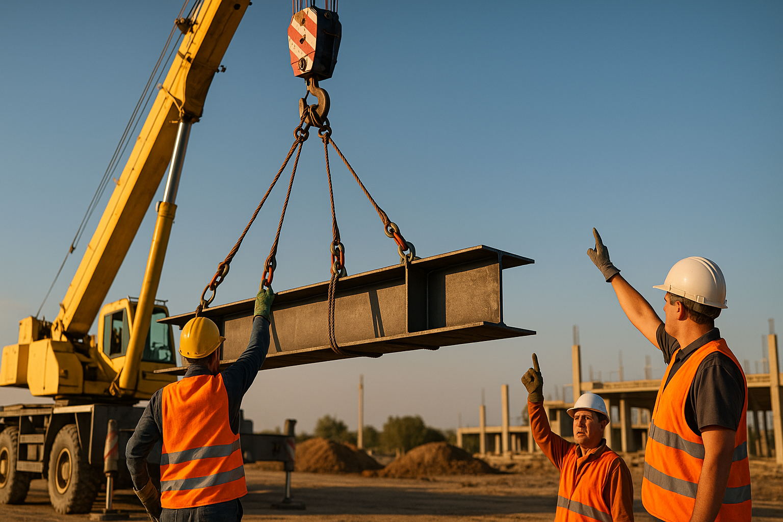 A crane lifting a load with a rigger and signal person on a construction site.
