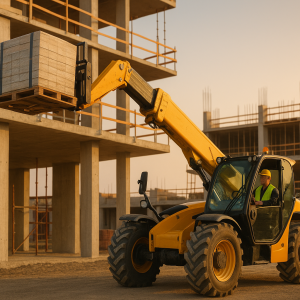 A telehandler lifting a load on a construction site at golden hour.