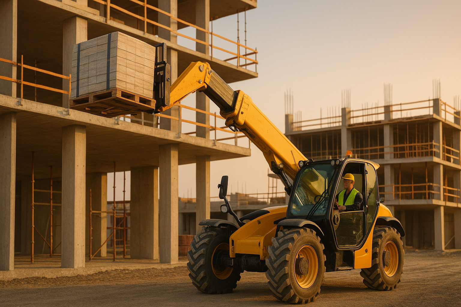 A telehandler lifting a load on a construction site at golden hour.