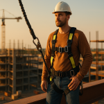 A worker in a safety harness tied off on a rooftop edge at golden hour.