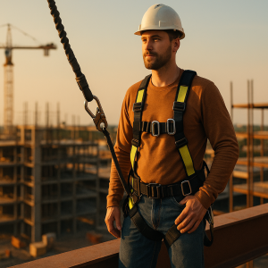 A worker in a safety harness tied off on a rooftop edge at golden hour.