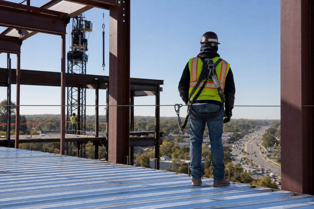 Structural steel frame of a mid-rise building under erection, with an ironworker in a harness standing on a decked floor behind a perimeter safety cable.